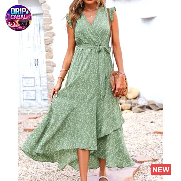 Polyester & Elastane Maxi Dress with V-Neck, Ruffle Sleeves, and Wrap Belt - Picture 6 of 7